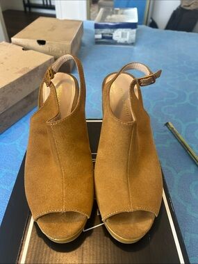 Tan Suede Peep-Toe Slingback heels